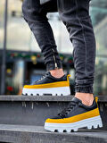 J056 Bağcıklı Ortopedik Taban Günlük Cilt Süet Erkek Spor Sneaker Ayakkabı BT Siyah/Sarı