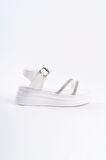 ESME Kalın Tokalı Taşlı Şeritli Ortopedik Taban Kadın Sandalet BT Beyaz