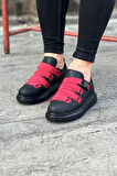 J033 Bağcıksız 4 Bant Lastikli Tokalı Ortopedik Taban Erkek Sneaker Günlük Ayakkabı ST Siyah/Kırmızı