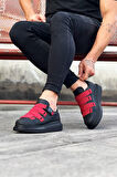J033 Bağcıksız 4 Bant Lastikli Tokalı Ortopedik Taban Erkek Sneaker Günlük Ayakkabı ST Siyah/Kırmızı