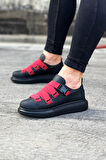 J033 Bağcıksız 4 Bant Lastikli Tokalı Ortopedik Taban Erkek Sneaker Günlük Ayakkabı ST Siyah/Kırmızı