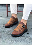 J033 Bağcıksız 4 Bant Lastikli Tokalı Ortopedik Taban Erkek Sneaker Günlük Ayakkabı ST Taba
