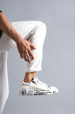 J02 Bağcıklı Timsah Desenli Gazete Baskılı Ortopedik Taban Erkek Spor Sneaker Ayakkabı BT Beyaz