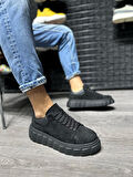 J144 Bağcıklı Ortopedik Taban Erkek Günlük Süet Sneaker Spor Ayakkabı ST Siyah