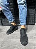 J144 Bağcıklı Ortopedik Taban Erkek Günlük Süet Sneaker Spor Ayakkabı ST Siyah