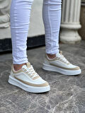 J006 Bağcıklı Ortopedik Taban Günlük Erkek Spor Sneaker Ayakkabı BT Beyaz/Bej