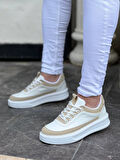 J006 Bağcıklı Ortopedik Taban Günlük Erkek Spor Sneaker Ayakkabı BT Beyaz/Bej