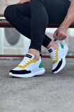J063 Bağcıklı Ortopedik Taban Triko Erkek Sneaker Günlük Spor Ayakkabı BT Beyaz/Sarı
