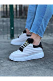 J094 Bağcıklı Ortopedik Taban Erkek Sneaker Günlük Ayakkabı BT Beyaz/Siyah