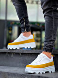 J056 Bağcıklı Ortopedik Taban Günlük Cilt Süet Erkek Spor Sneaker Ayakkabı BT Beyaz/Sarı