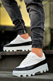 J056 Bağcıklı Ortopedik Taban Günlük Cilt Erkek Spor Sneaker Ayakkabı BT Beyaz/Siyah
