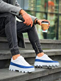 J056 Bağcıklı Ortopedik Taban Günlük Cilt Süet Erkek Spor Sneaker Ayakkabı BT Beyaz/Mavi