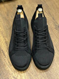 J112 Bağcıklı Ortopedik Taban Triko Erkek Spor Sneaker Ayakkabı ST Siyah