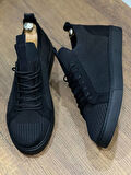 J112 Bağcıklı Ortopedik Taban Triko Erkek Spor Sneaker Ayakkabı ST Siyah