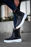 J0992 Bağcıksız Ortopedik Taban Suya ve Soğuğa Dayanıklı Günlük Kışlık Cilt Erkek Bot BT Siyah