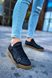 J191 Side Buckle Ortopedik Taban Günlük Cilt Erkek Sneaker Spor Ayakkabı CTT Siyah