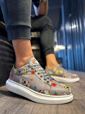 J046 Bağcıklı Ortopedik Taban Renkli Kurukafa Baskılı Erkek Günlük Sneaker Spor Ayakkabı BT Gri