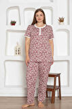 Kadın Çiçek Desen Bisiklet Yaka 3 Düğmeli %100 Pamuk Penye İnce Yazlık Kısa Kol Pijama Takımı