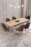 Calvin Meşe Desen 80x132 MDF Açılabilir Mutfak Masası Takımı 6  Sandalye