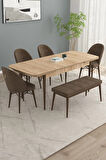Calvin Meşe Desen 80x132 MDF Açılabilir Mutfak Masası Takımı 4 Sandalye, 1 Bench