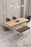 Calvin Meşe Desen 80x132 MDF Açılabilir Mutfak Masası Takımı 4 Sandalye, 1 Bench