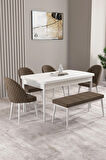 Milas Beyaz 80x132 MDF Açılabilir Mutfak Masası Takımı 4 Sandalye, 1 Bench