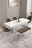 Milas Beyaz 80x132 MDF Açılabilir Yemek Masası Takımı 4 Sandalye, 1 Bench