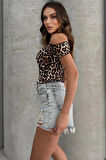 Lesa Wear Leopar Desenli Soft Touch Kayıkçı Yaka Basic Crop Bluz