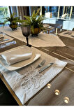 7 Parça Linen Fransız Dantelli Köşe Püsküllü Gold Simli Ekru Amerikan Servis Ve Runner Set