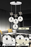 Kelebek 4'lü Gümüş Sarkıt 3 Renk Kademeli Ledli Kristal Taşlı Modern Led Avize
