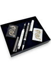 2 İsme Özel Touchpen Tükenmez Kalem 2 Ejderha Desenli Benzinli Çakmak 4 Parça Kişiye Özel Set