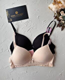 Koza %100 Pamuklu Balensiz İnce Askılı Genç Kız 2'li Alıştırma Sütyeni (Ten-Siyah/Melanj-Ekru)