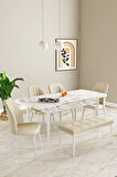 Laris Beyaz Mermer Desen 80 X 132 Benchli Açılabilir MDF Mutfak Masa Takımı 4 Sandalye