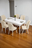 Bara Beyaz Mermer 80X132 Açılabilir Sunta Masa Yemek Odası Takımı, Mutfak Takımı 6 Adet Sandalye