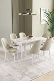 Ikon Beyaz Mermer 80x132 Açılabilir Mdf Masa Yemek Odası Takımı, Mutfak Takımı 6 Adet Sandalye