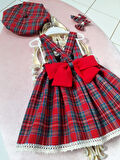 Kız Bebek & Çocuk Kırmızı Ekoseli Salopet Elbise & Şapka & Toka Takım