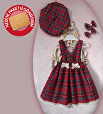 Kız Bebek & Çocuk Kırmızı Ekoseli Salopet Elbise & Şapka & Toka Takım