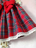 Kız Bebek & Çocuk Kırmızı Ekoseli Salopet Elbise & Şapka & Toka Takım