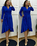 the kethen Krep Kumaş Midi Boy Kuşaklı Uzunkol Elbise