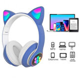 Sevimli Kedi LED Işıklı Katlanabilir Kablosuz Kulaküstü Bluetooth Kulaklık Uyumlu Mavi