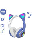 Sevimli Kedi LED Işıklı Katlanabilir Kablosuz Kulaküstü Bluetooth Kulaklık Uyumlu Mavi