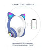 Sevimli Kedi LED Işıklı Katlanabilir Kablosuz Kulaküstü Bluetooth Kulaklık Uyumlu Mavi