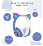 Sevimli Kedi LED Işıklı Katlanabilir Kablosuz Kulaküstü Bluetooth Kulaklık Uyumlu Mavi