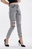 KADIN BACAK LAZER YIRTIK KAR SİYAH MOM JEANS