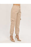 KADIN KAHVE PAÇA LASTİKLİ  KETEN KARGO PANTOLON