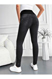 KADIN FÜME HAMİLE ESNEK  KARIN BANTLI TIRNAKLI DAR PAÇA  JEANS PANTOLON