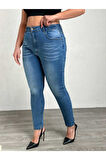 KADIN LACİVERT  İŞLEMLİ  YÜKSEK BEL BATTAL DAR PAÇA JEANS PANTOLON