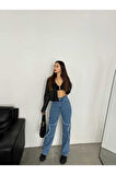 KADIN FÜME BACAK YILDIZLI BOL PAÇA KOT JEANS PANTOLON