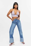 KADIN  SİYAH İŞLEMLİ TERS PAÇA PÜSKÜL  BOL PAÇA KOT  JEANS PANTOLON