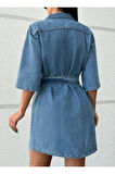 KADIN AÇIK MAVİ KUŞAKLI TEK CEP KISA KOT ELBİSE